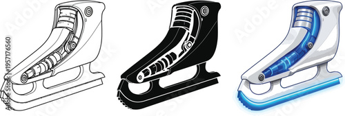 Modern ice skate vector illustration set including outline black and colored versions perfect for winter sports design and graphic elements