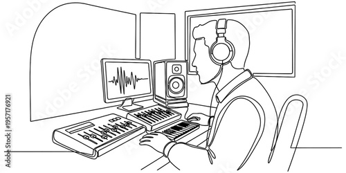 Professional Sound Producer Working with Audio Mixer One Line Illustration
