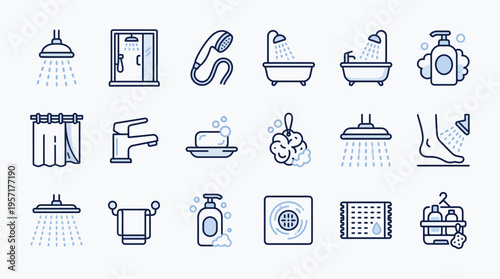 Bathroom Accessories and Hygiene Line Icon Set with Toilet, Shower, faucet, Soap, bathtub, towel and Cleaning Tools Illustration