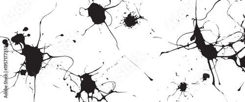 Black ink splatters and fluid drips on a stark white background