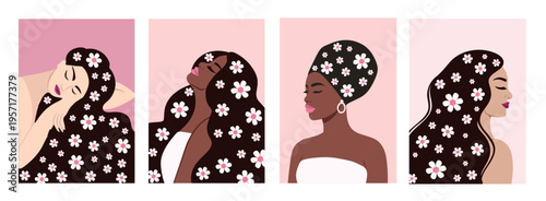 Women with flowers in hair and floral poster set. Beautiful female portrait.
