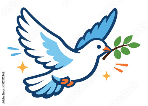 White dove flying gracefully, carrying a green olive branch. Symbolizing peace, hope, and freedom worldwide
