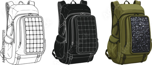 Set of solar panel backpacks in various styles including line art silhouette and realistic green design perfect for outdoor adventure and sustainable travel concepts