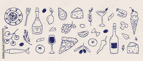  Italian food wine, pizza pasta icons, mediterranean kitchen doodles, restaurant menu illustration, cheese and grapes, wine glass sketch, culinary food elements.