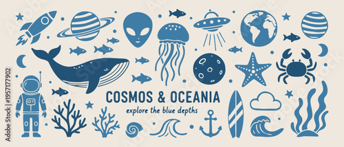 Cosmos and oceania, space and sea, universe and deep sea, hand drawn exploration, alien and jellyfish, cosmic marine graphics, adventure discovery art.