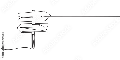 Continuous line drawing of wooden direction signboard on post. Vector sketch of old guidepost with board in shape of arrow in one black contour isolated on white background.