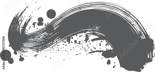 Dark gray ink brush stroke swirl with splatters on white background