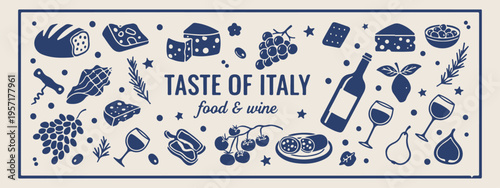 Taste of Italy, food and wine, italian cuisine sketches, mediterranean dining graphics, restaurant menu doodles, hand drawn pasta and cheese, culinary trip art.