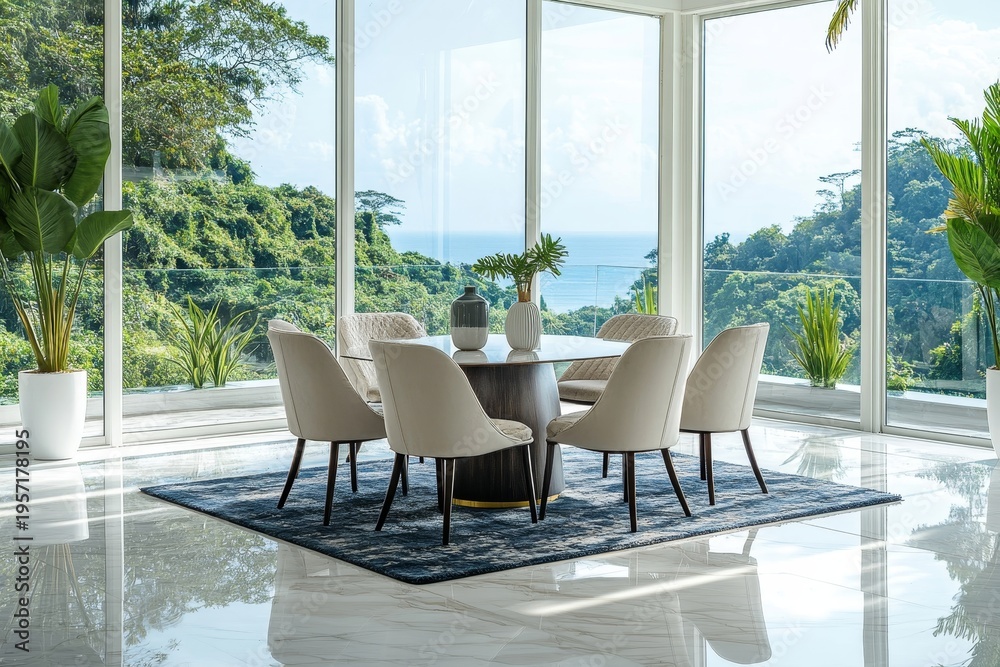 Fototapeta premium Modern living room interior featuring a table and chairs, decor, and a panoramic window for a bright and open atmosphere, Generative AI