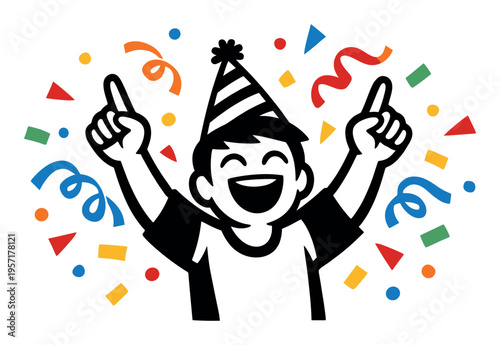 Energetic boy wearing a striped party hat, hands pointing up, cheering while colorful confetti and streamers fall around him, showing happiness
