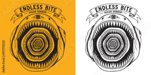 Endless Bite Ocean Horror Shark Spiral Teeth Surreal Monster Art