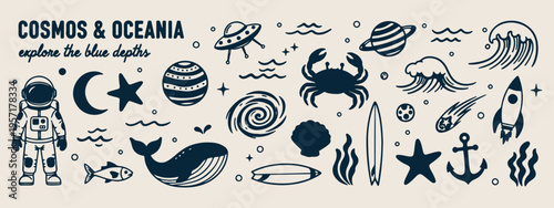 Marine creatures doodle, sea life sketches, underwater animal icons, oceanic nature graphics, hand drawn crab and fish, nautical world art, beach holiday elements.