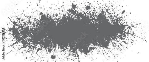Dark grey paint splatter texture with irregular ink drops on a white background