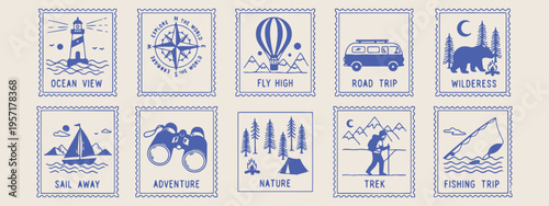 Travel nature stamps, adventure postal icons, mountain camping badges, wanderlust stamp collection, outdoor exploring symbols, vintage travel labels, wanderlust design elements.
