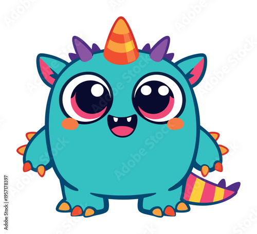 Cute blue monster character with a striped horn, purple spikes, and orange cheeks, exuding a cheerful and approachable vibe
