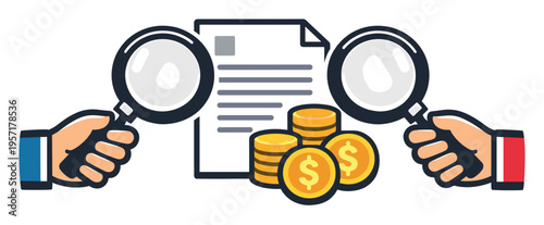 Hands holding magnifying glass checking financial document and money coins, representing audit, tax, and investigation