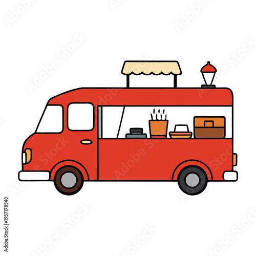A bright catering van ready to serve delicious meals on the go, with a friendly setup, colorful signage, and all the equipment to bring tasty food anywhere.

