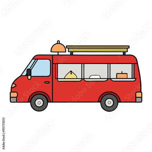 A bright catering van ready to serve delicious meals on the go, with a friendly setup, colorful signage, and all the equipment to bring tasty food anywhere.
