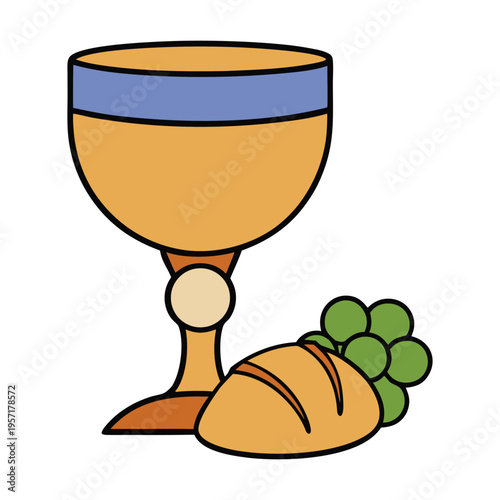 A playful cartoon of a golden chalice overflowing with purple grapes, cheerful and bright, symbolizing celebration, abundance, and joyful harvest vibes.
