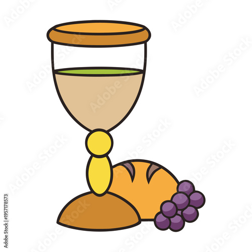 A playful cartoon of a golden chalice overflowing with purple grapes, cheerful and bright, symbolizing celebration, abundance, and joyful harvest vibes.
