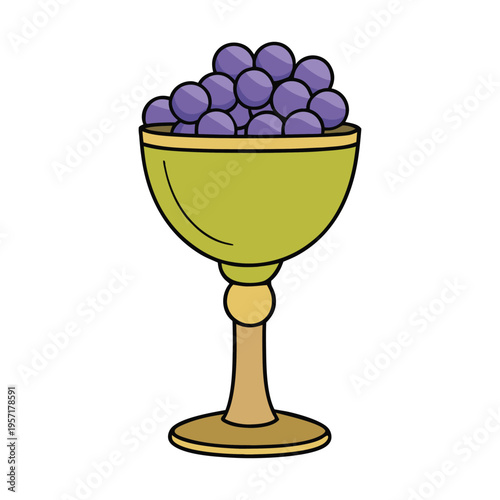 A playful cartoon of a golden chalice overflowing with purple grapes, cheerful and bright, symbolizing celebration, abundance, and joyful harvest vibes.
