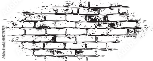Distressed brick wall texture in black and white ink style
