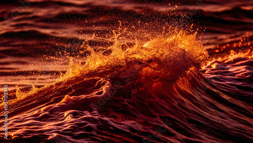 Golden flames erupting from the depths of a turbulent ocean wave at dusk