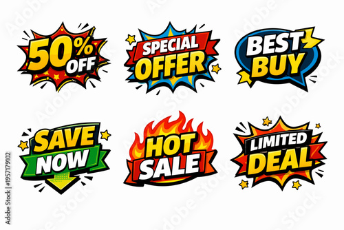 Comic marketing labels for special offers, limited deals, best buys, hot sales, and discount promotions