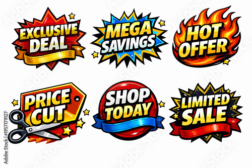 Comic style sale and discount badges with exclusive deal, mega savings, hot offer, price cut, shop today, and limited sale text
