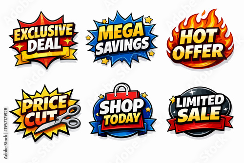 Sale speech bubbles and badges set for discount promotion. Collecting exclusive deals, mega savings, hot offers