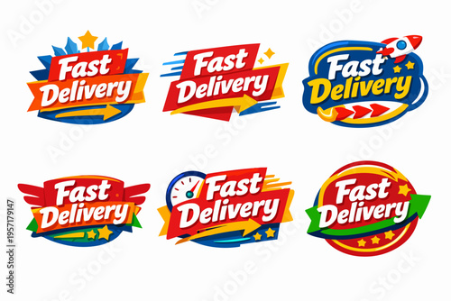 Fast delivery service labels and emblem set illustrating quick shipping, speed, and logistics concepts