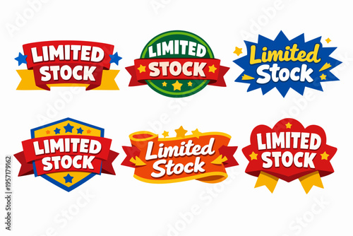 Limited stock badges and labels creating urgent appeal for sales, promotions, and retail marketing campaigns. Vector illustration