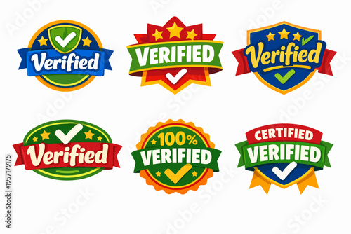 Collection of verified and certified badge emblems representing quality, trust, and approval on web or print