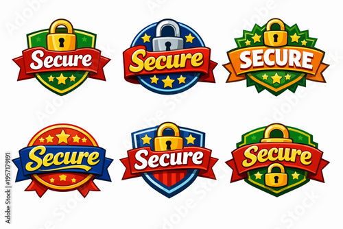 Secure badge set showing shields, padlocks, and ribbons for web security and data protection concepts