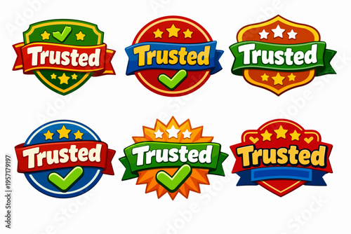Trusted badge collection featuring quality certification, guarantee seals, and reliable assurance emblems