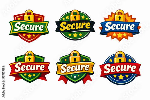 Collection of secure badges featuring padlocks, shields, ribbons, and stars, representing safety, security, and assurance