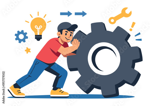 Young man diligently pushing a big gear forward, representing a business concept of effort, new ideas, and mechanical solutions