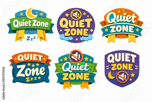 Quiet zone badges collection with a mute icon, moon, stars, and zzz symbols for silence and sleep concepts