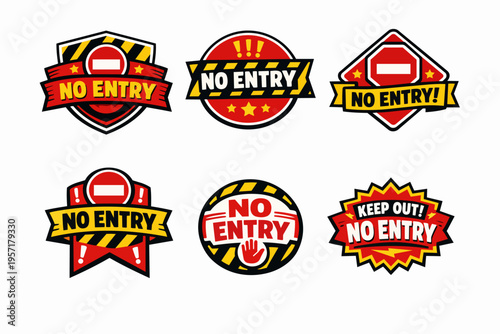 Set of prohibition signs and labels, featuring no entry and keep out text, creating awareness for restricted areas and safety