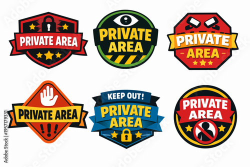 Set of private area warning signs preventing access, showing security, restricted entry, and keep out messages