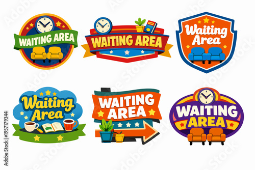 Waiting area signs collection with clocks, sofas, coffee mugs, books, and plants for public spaces