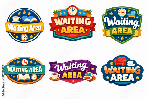 Waiting area signs set with cartoon lounge elements, depicting clocks, chairs, books, and coffee cups