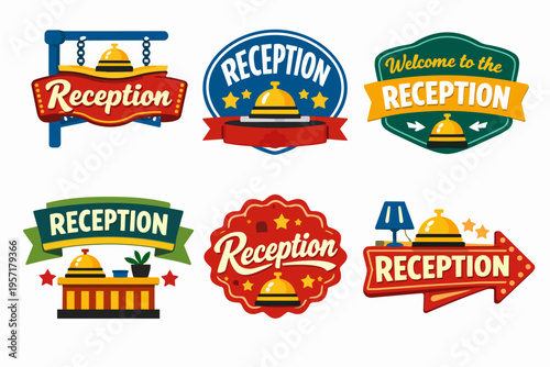 Reception label collection with concierge bell, hotel service badges and welcome signs design