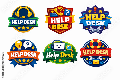 Help desk badges and support service logos set, offering technical assistance and customer care solutions