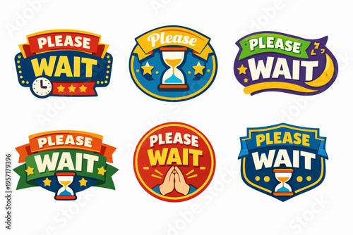 Please wait loading icons set with hourglass, clock, and hands, showing progress and patience concepts