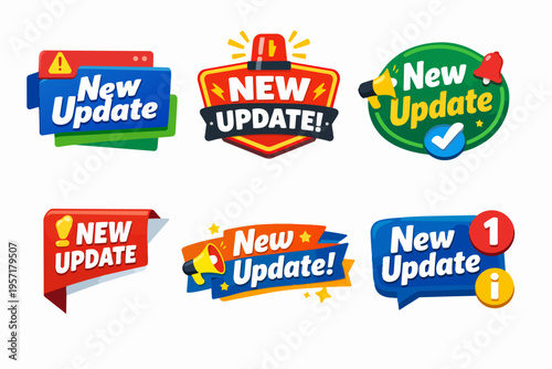 Collection of new update badges, banners and stickers for announcements, marketing, and promotions