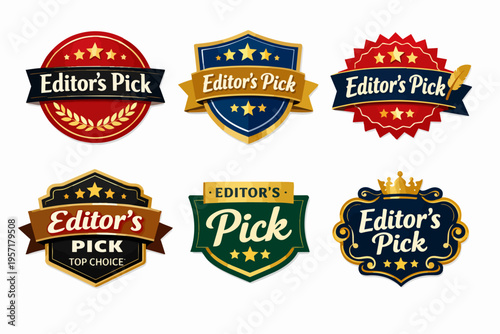 Editor's pick badge collection showing diverse designs for best choice, premium quality, and award recognition