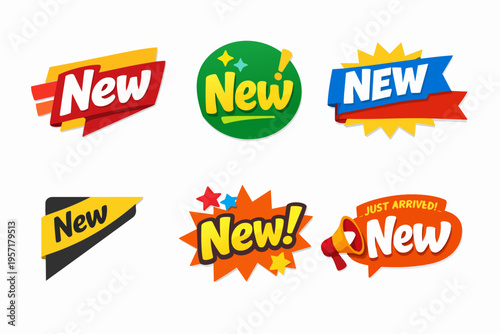 New product arriving promotion badges set. Marketing labels for web banners and commerce announcements