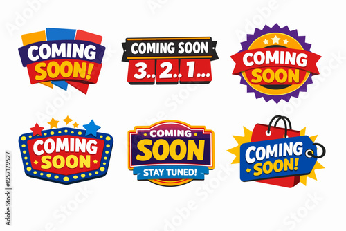 Coming soon stickers creating announcement, new product launch, promotion, and event anticipation
