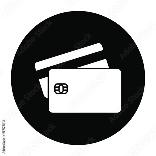 Vector graphic featuring two white credit cards inside a black circular background